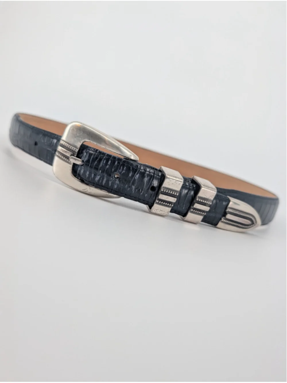 Belt Master Black Croc Embossed Leather Belt 36 Silver Western Buckle Heritage
